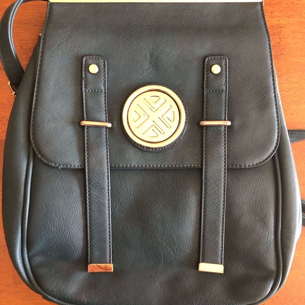 Dark Green Vegan Leather Backpack with Gold Accents
